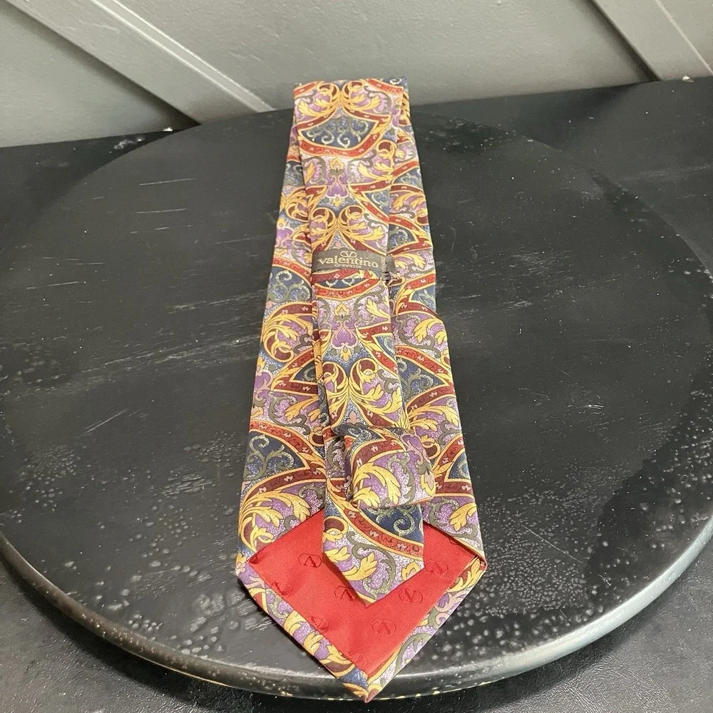 Valentino Cravatte Silk Necktie Baroque Scroll Medallion Multicolor Designer